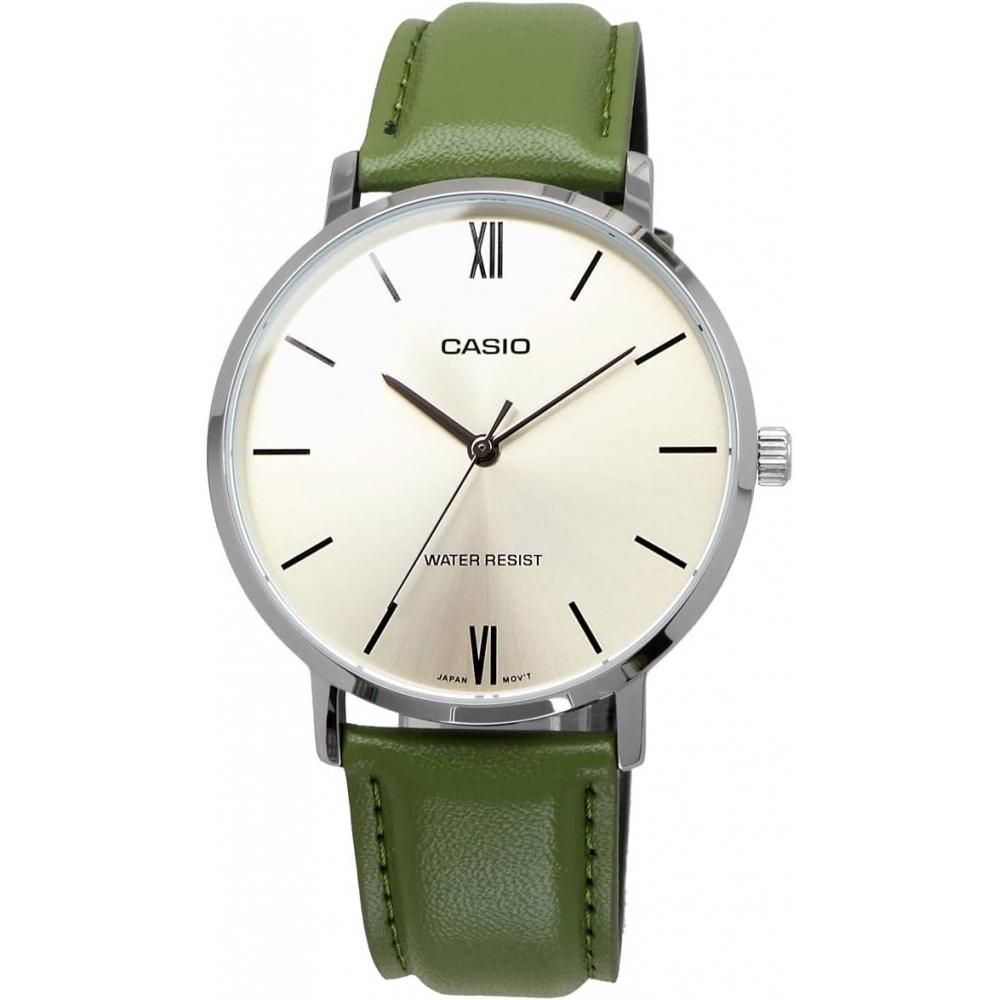 Casio Men S Quartz Watch Silver   Green Leather Band Mtp Vt01l 3b