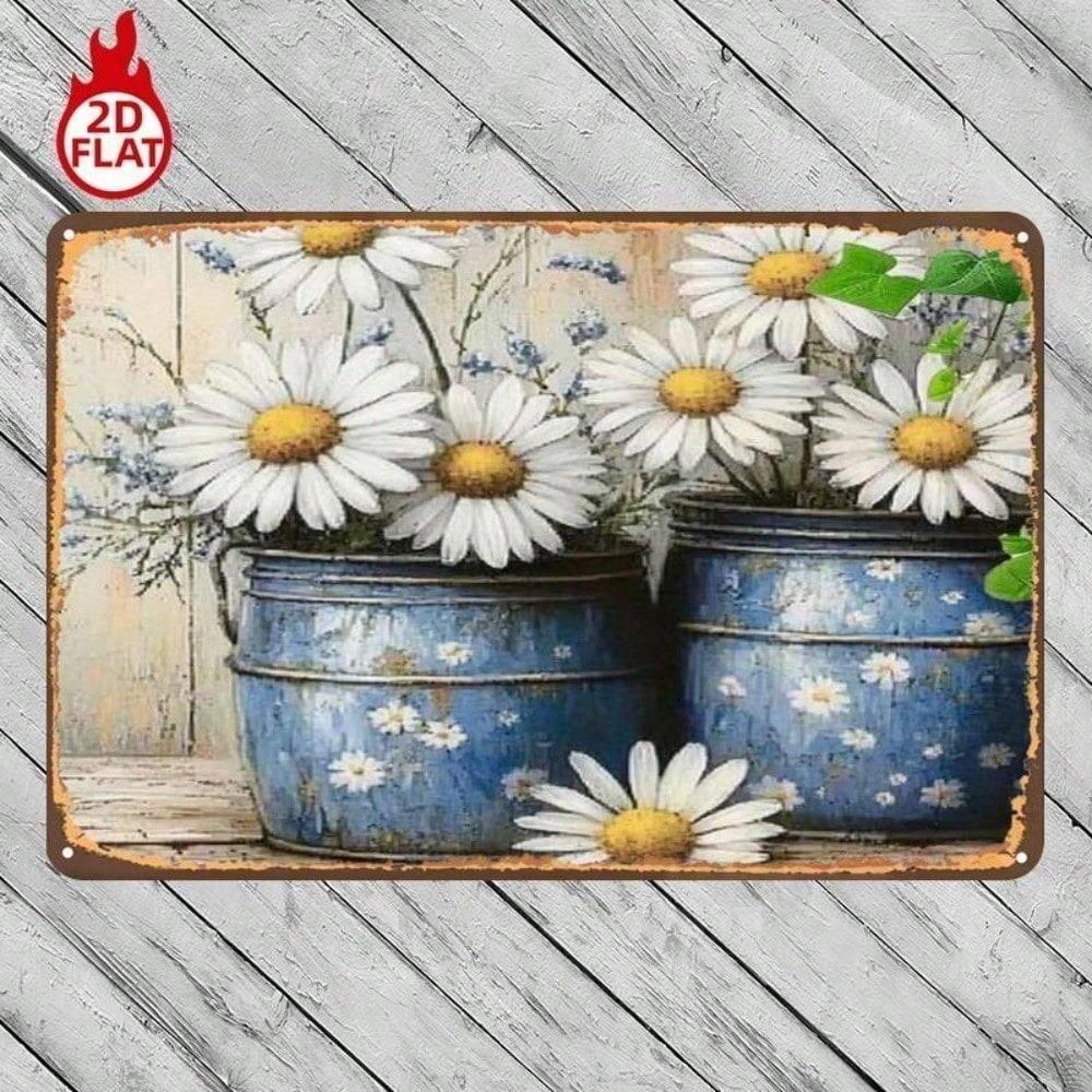 1pc Vintage Daisy Metal Sign Rustic Blue Pot Floral Wall Decor 2D Flat Iron Art for Home Restaurant Bar Garage 8x12 Inch