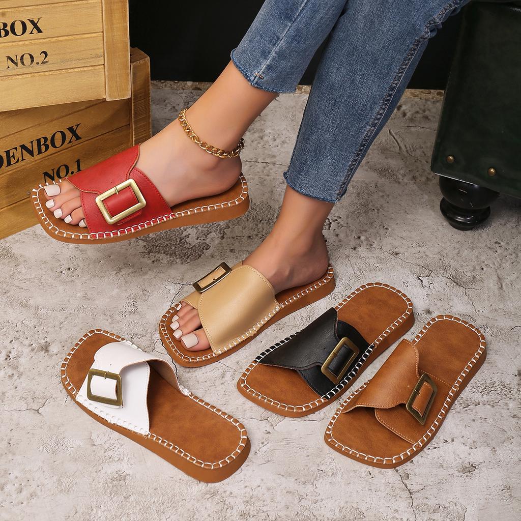 Fashion Plus Size 2025 Summer New Open Toe Women’s Slippers Round Toe Buckle Sewing Flat with Slippers for Outdoor Daily & Casual Sandal