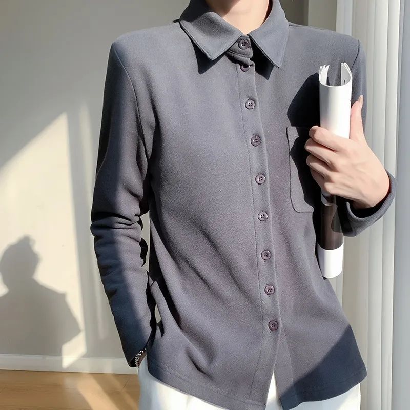 Women's Autumn and Winter Thickened Long-sleeved Shirt Warm Brushed Bottoming Plus Fleece Top