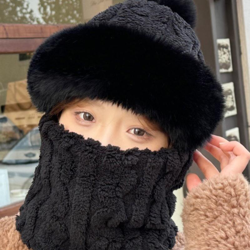 1Pcs Winter Knitted Hat Scarf Mask One-Piece Plush Pompom Beanies For Women Outdoor Cycling Cap Ears Neck Protection Skiing Cap