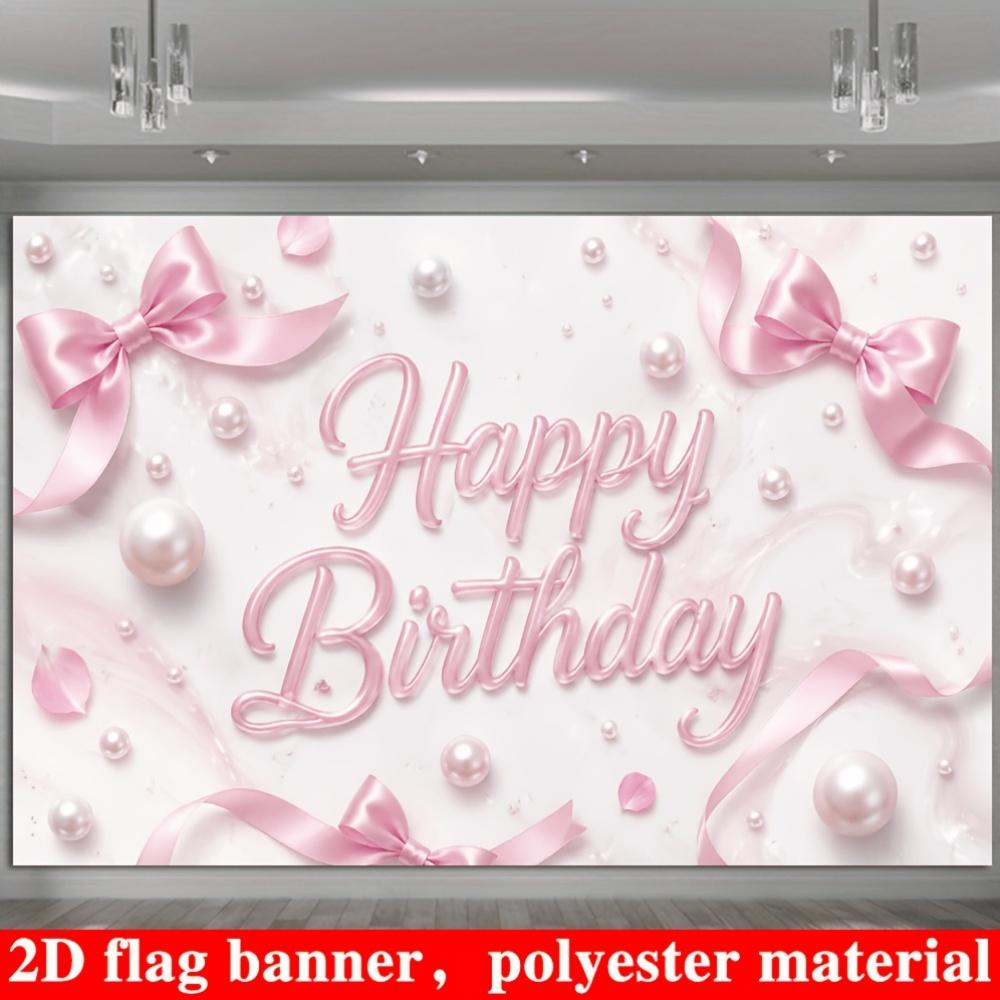 Pink Happy Birthday Banner Backdrop Bow Pearls Petals Marble Polyester