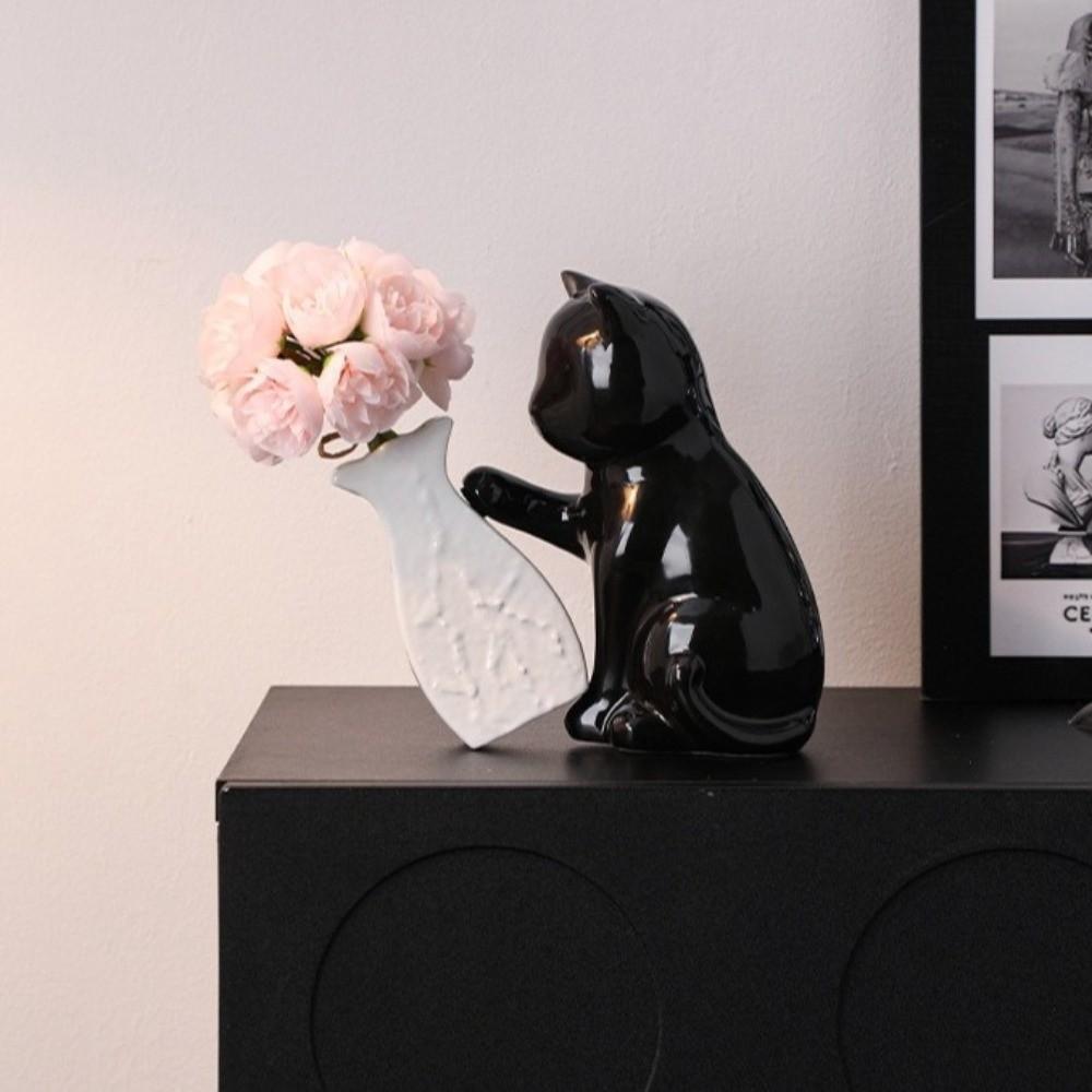 Unique Cat Pushing Vase Ceramic Flower Container Kitten with Tilted Flower Vase Shelf Decoration