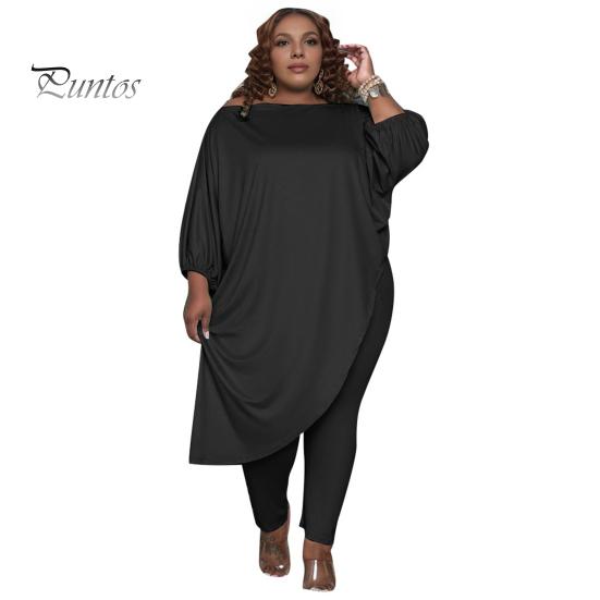 

2 шт./комплект, большой размер, женская одежда, открытые плечи, косой подол, рукав три четверти, длинный топ, эластичные однотонные брюки, повседневная одежда L чёрный