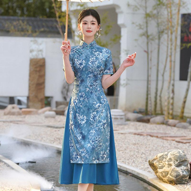 Blue Mother Dress, National Style, New Chinese Suzhou Cheongsam, Improved Young 1011 New Women's High-end Dress