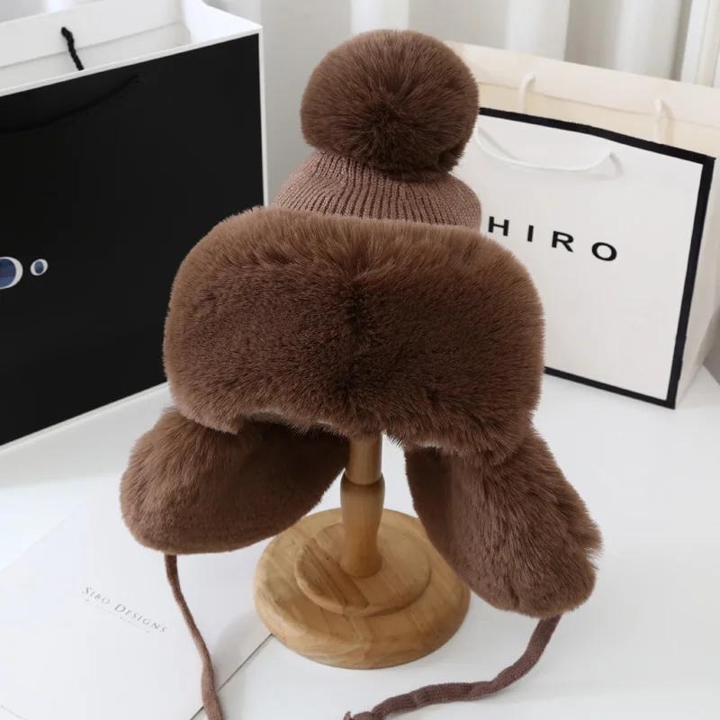 

Осенне-зимняя шапка Лей Фэн для женщин, модная шапка-ушанка, лыжная шапка с ушками, женская толстая теплая шапка-бини, меховой помпон, русские шапки Adult