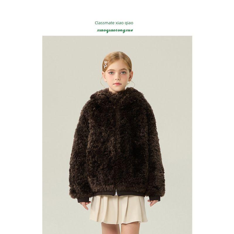 Children's Fur Coat Autumn and Winter New Style Girls' Imitation Lamb Wool Bear Cardigan Little Girl's Furry Coat Cute