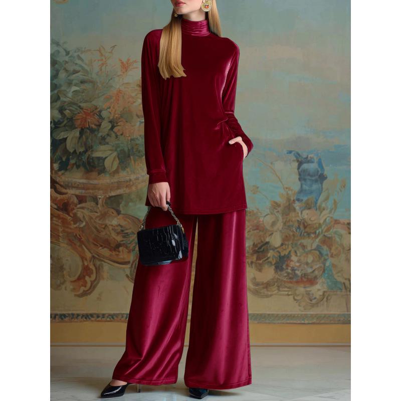 

Golden Velvet High Collar Split Top & Wide Leg Pants Set - Plus Size Autumn/Winter Collection XL