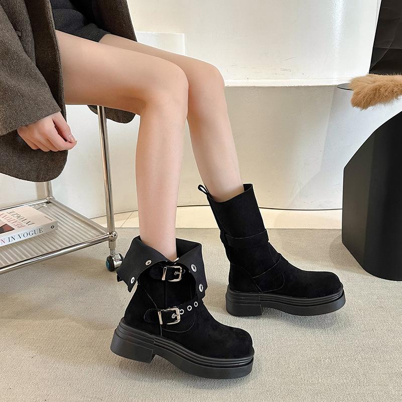 

Martin boots women s new retro suede in autumn and winter 2024 wear thick-soled belt buckle thick heel round head medium boots women 35