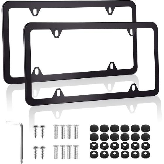 Alpmosn 2PCS Stainless Steel License Plate Frames, 4 Holes Car Licence Plate Covers with Screws Washers and Caps, Car Exterior Accessories, License