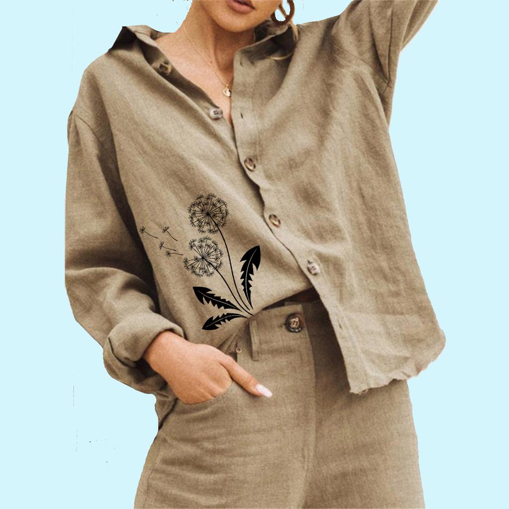 Women Fashion Buttoned Linen Shirt Floral Print Blouse Ladies Casual Long Sleeve Blouse