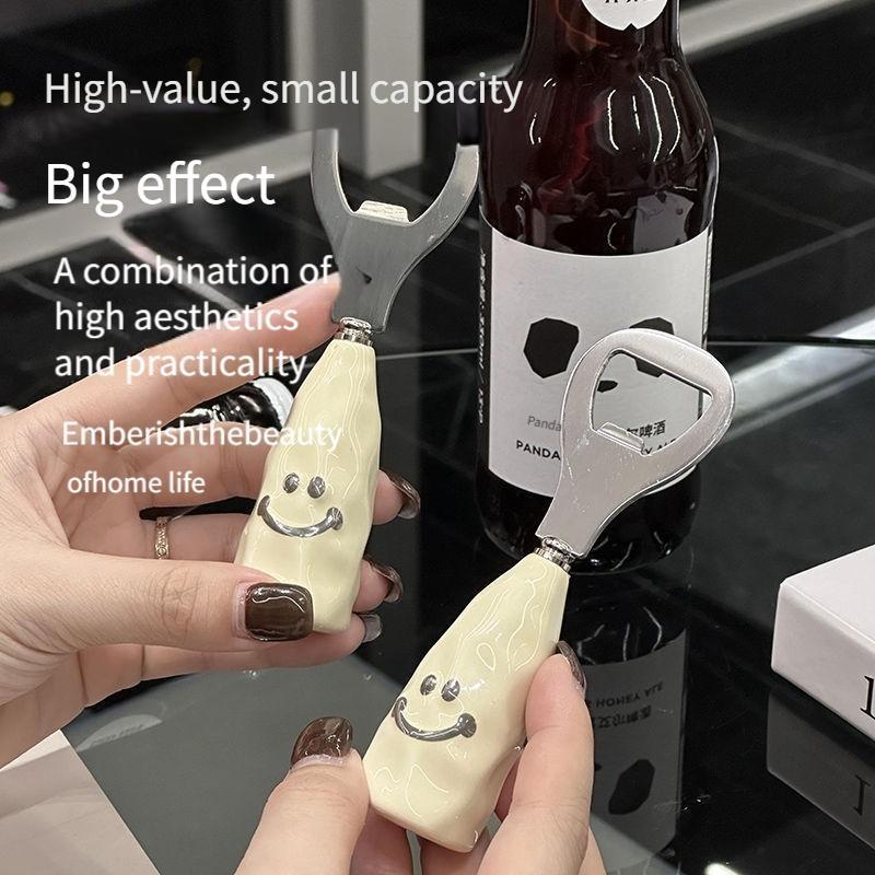 Cute Smiley Face Beer Bottle Opener, Plastic Handle Imitation Ceramic Handle, Standable Bottle Opener, Creative Stainless Steel Bottle Opener