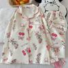 Sweet Cherry Bow Autumn and Winter Air Cotton Pajamas Women's Loungewear Korean Version Two-piece Set Real Shot