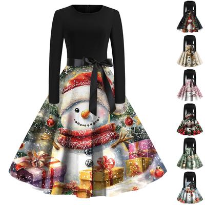 Christmas Print Flare Dress For Women Long Sleeve Dress Hollow Party Casual Dresses