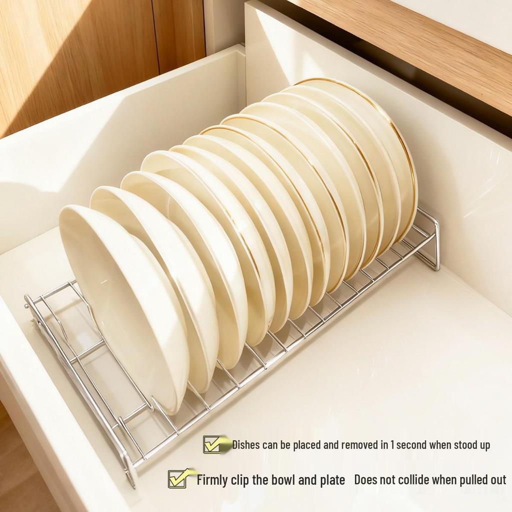 Built-in Kitchen Dish Rack with Drawer Divider for Chopsticks, Spoons, Bowls, and Plates.