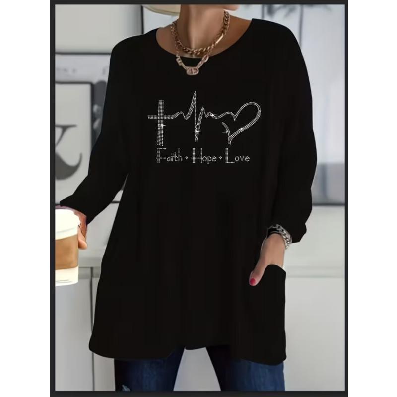 Women's long-sleeved round-neck T-shirt, suitable for spring, autumn and winter seasons. It has pockets and print designs. machine washable.