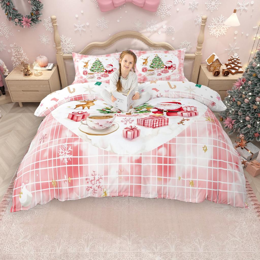 Homewish Kawaii Lebkuchen Bettbezug-Set für Mädchen Jungen, Weihnachtsbaum Weihnachtsmann Bettdeckenbezug-Set, Schneeflocken Bettwäsche-Set