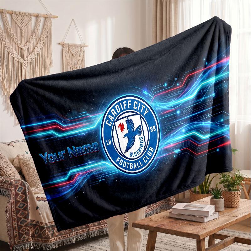 Cardiff City Personalized Fleece Blanket With Football Logo, Custom Name Text Soft Warm Home Throw Blanket