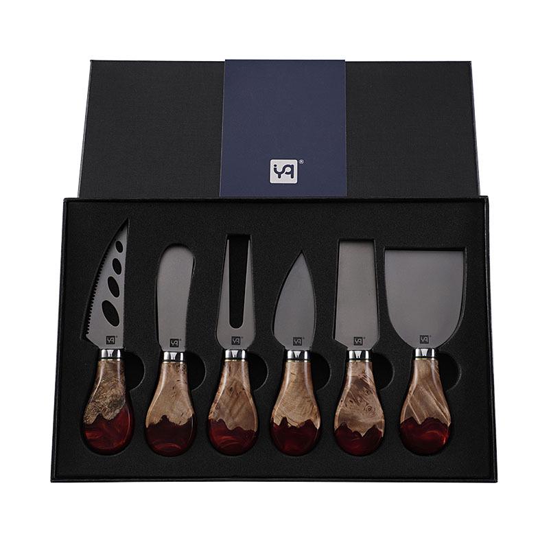 High-End Pure Titanium Cheese Knife Set with Red Resin Wood Handle