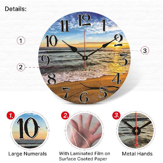 TAHEAT Beach Waves In The Sunset Wall Clock, Silent Non Ticking Battery Operated Clocks, Easy To Read Decorative Wall Clock for