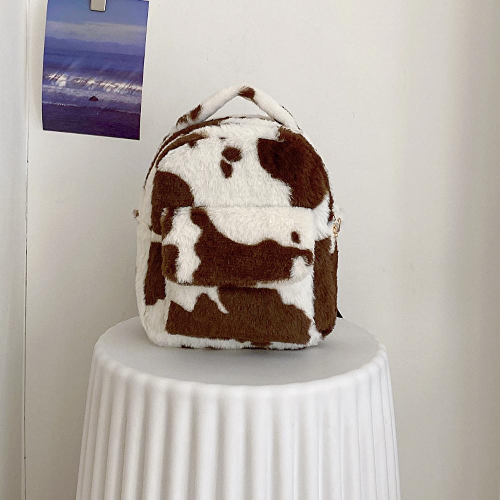 Milk Cow Pattern Plush Backpacks Versatile Women Cartoon Daypack Adjustable Strap Multifunctional Shopping Backpack