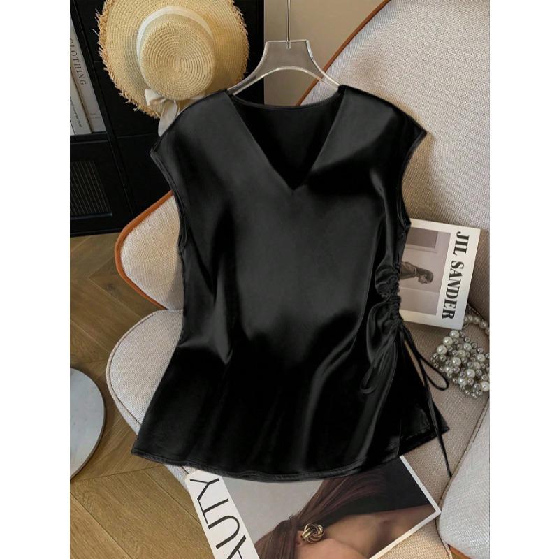 Women Satin V Neck Blouse Elegant Short Sleeve Side Drawstring Ruched Top Summer Casual Work Office Tunic Fashion Sleeveless Sweet Tank Tops for Women