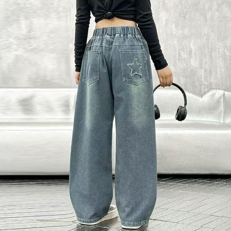 Dżinsy z szerokimi nogawkami w koreańskim stylu dla dziewczynek - Casualowa moda wiosenno-jesienna dla dzieci