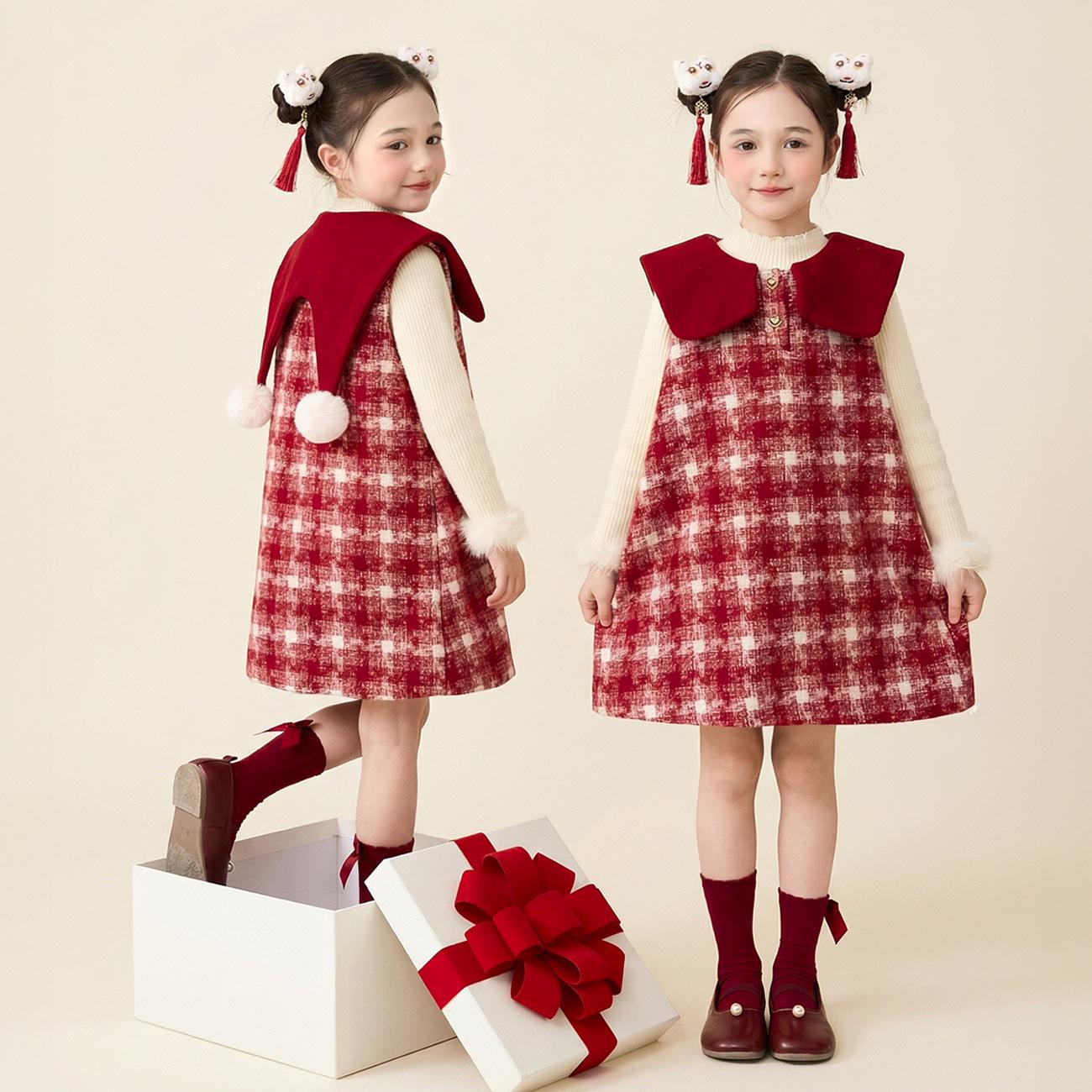 

Yuchen Winter 2025 Girls Plaid Skirt & Fleece-Lined Vest Dress - Little Coco Style. Size 110
