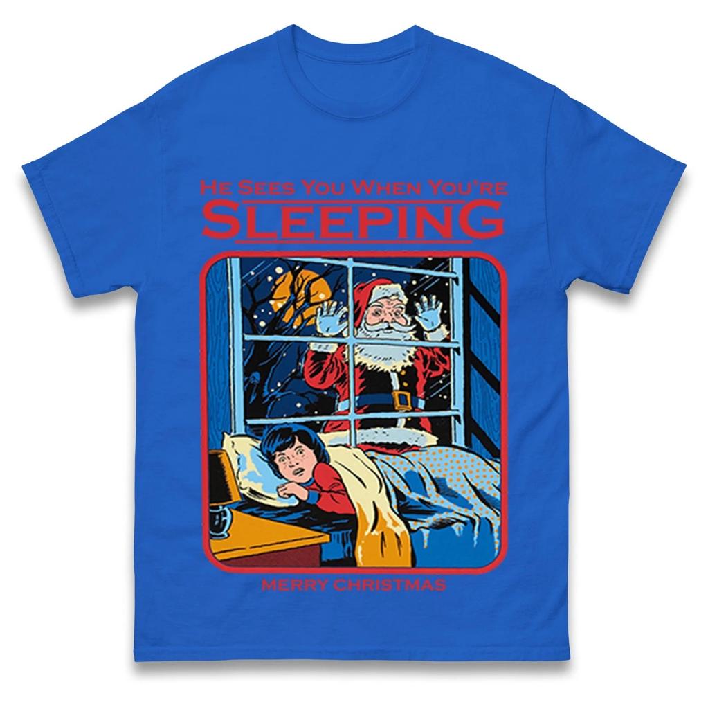 Er sieht dich, wenn du schläfst Lustiges Weihnachtsmann-Weihnachts-T-Shirt Sommer Herren Trainingsanzug Pullover Lässig Atmungsaktiv Sportbekleidung