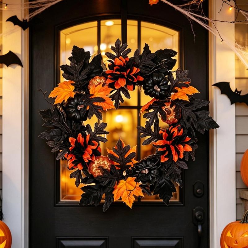 Artificial Leaves Wreath Halloween Wreath Decoration 40cm/15.7inch for Front Door Entryway, Porch, Wall Display Use