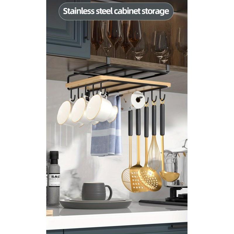 1pc Multifunctional Stainless Steel Kitchen Cabinet Rack with Mug Hook and Paper Towel Holder