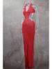 Spring/Summer Deep V Cut-Out Lurex Hand-Crocheted Knit Dress with Lace-Up Slit