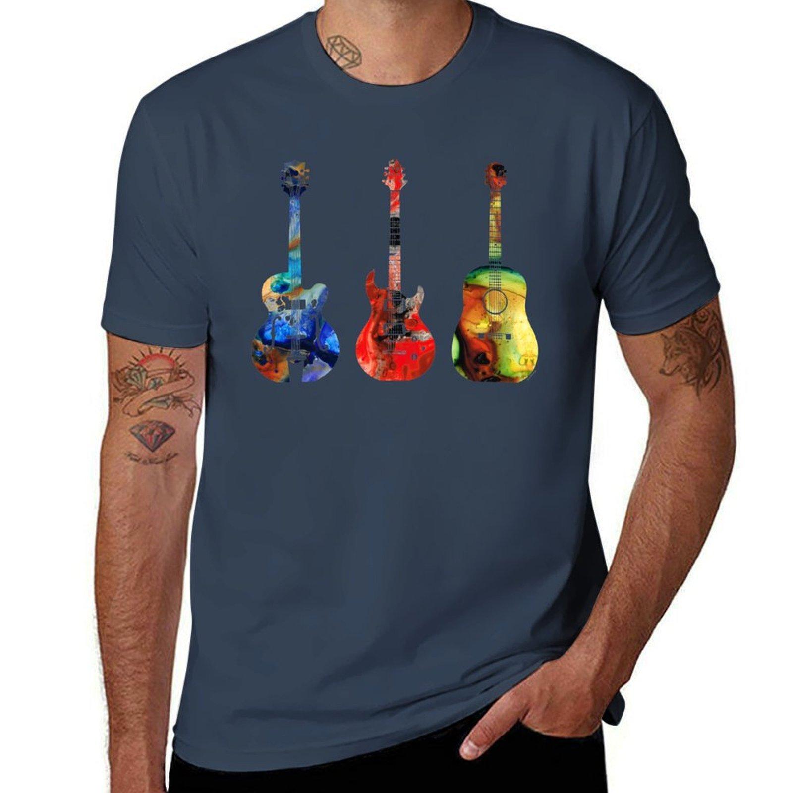 Guitar Threesome Colorful Guitars By Sharon Cummings Tshirt Work Short Sleeve Cotton Top S