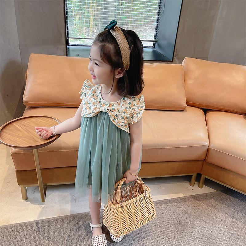 Children Dress Girls Summer Dress Korean Princess Dress Mesh Dress Sleeveless Loose Floral Bow Ruffle Dress