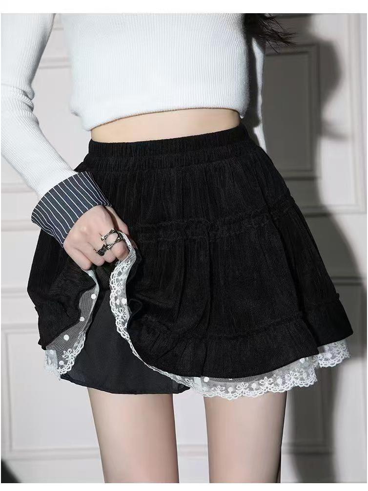 Lace-Trimmed A-Line Flare Skirt for Women - High Waist, Slimming, Sweet Style for Autumn/Winter 2025