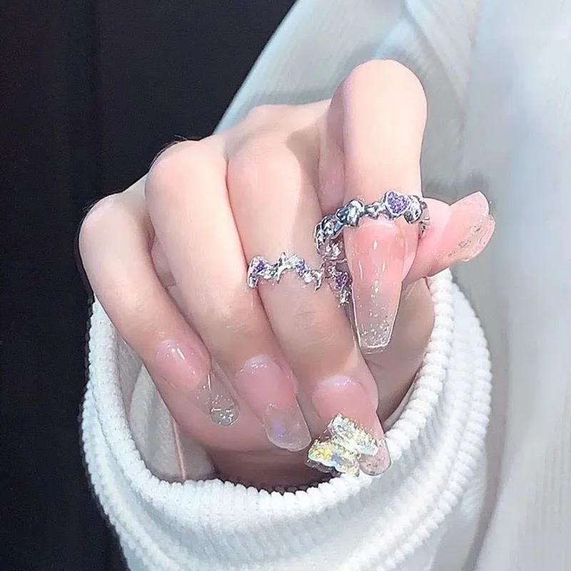 Purple Crystal Irregular Heart Ring for Women Korean Fashion Luxury Zircon Open Adjustable Y2K Style Exquisite Jewelry Accessory