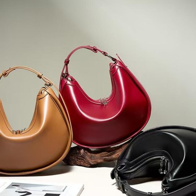 Genuine Leather Women Chic Burgundy Crescent Bag New Simplicity High Quality Messenger Bag Female Cow Leather Shoulder Bags