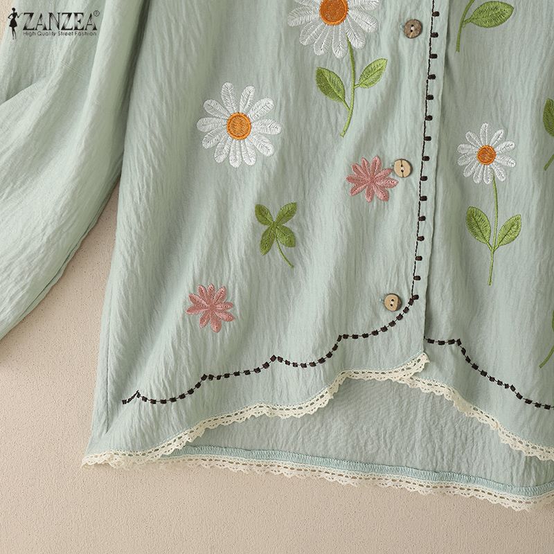 ZANZEA Damska codzienna bluzka z luźnym długim rękawem i kwiatowym haftem