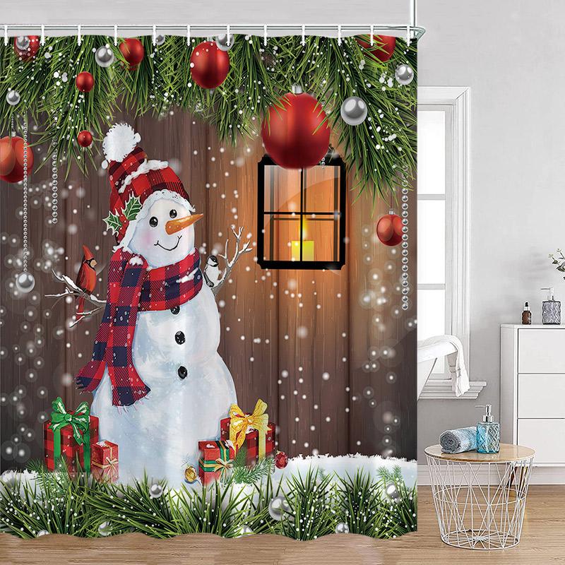 Funny Christmas Shower Curtain Red Santa Claus Cute Blue Snowman Winter Forest Landscape Cloth Home Bathroom Decor Bath Curtains