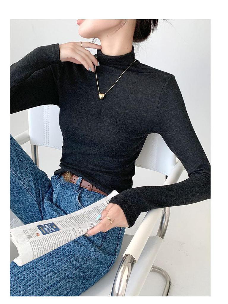 Women's Soft & Fluffy Cashmere Long-Sleeve Base Shirt with Half-High Collar for Spring, Autumn & Winter - Warm Fleece Inner Wear.