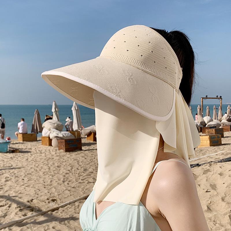 

Summer outdoor UV protection sun hat big brim shawl sun protection empty top hat removable face mask bucket hat