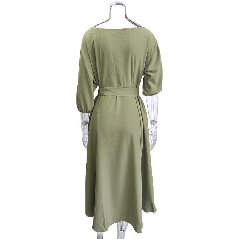 Summer Women's Dress Slant Shoulder Neck Tie Waist Temperament Solid Colour Swing Dresses