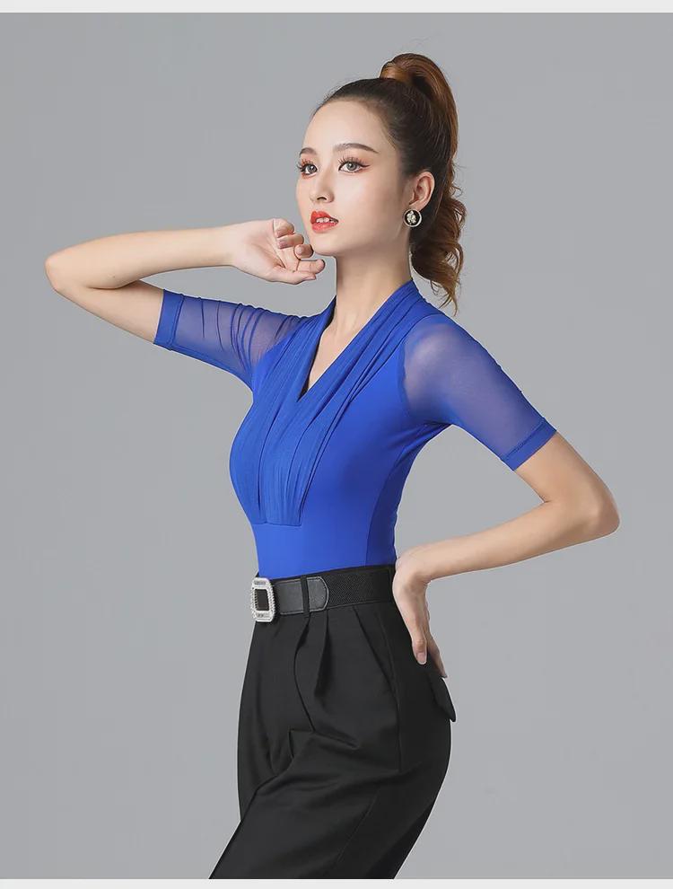 Letnie czerwone plisowane bluzki z siateczki z krótkim rękawem do treningu tańca towarzyskiego latino dla kobiet