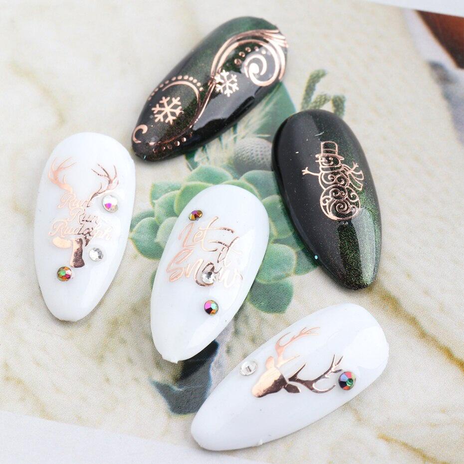 5D Nail Stickers Shiny Rose Gold Christmas Design Nail Polish Sliders Holographics Snowflake Nail Art Decor Decals