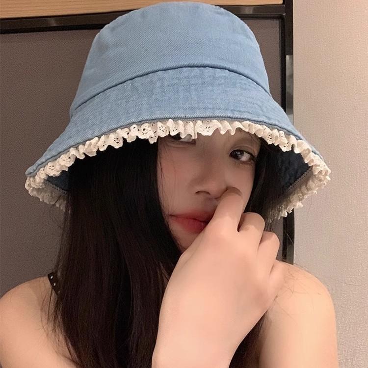 Cute Bucket Hat Lace Edge Denim Basin Hat Summer Travel Sunshade Sunscreen Show Face Small Simple Wind Bucket Hat