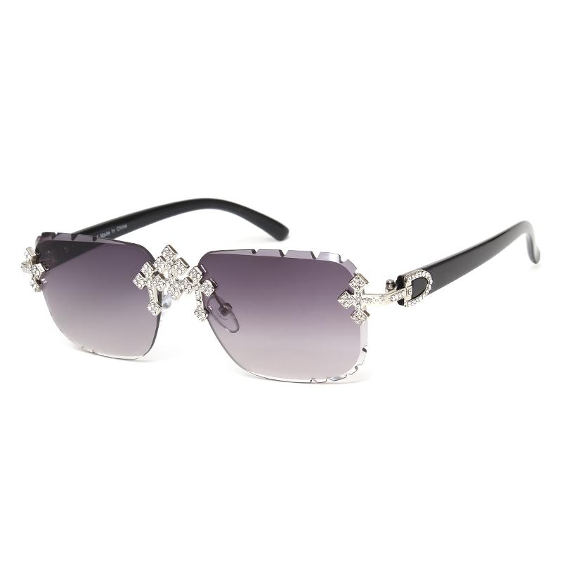 Fashion Square Rimless Sunglasses For Women Cross Diamond Metal Frame Luxury Eyewear Cut Lens UV400 Shades Sun Glasses