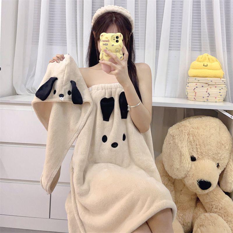 Kuromi Wearable Bathrobe Set: Includes Coral Fleece Bath Towel, Dry Hair Cap, and Hair Band - Soft, Skin-Friendly, Cartoon Design.