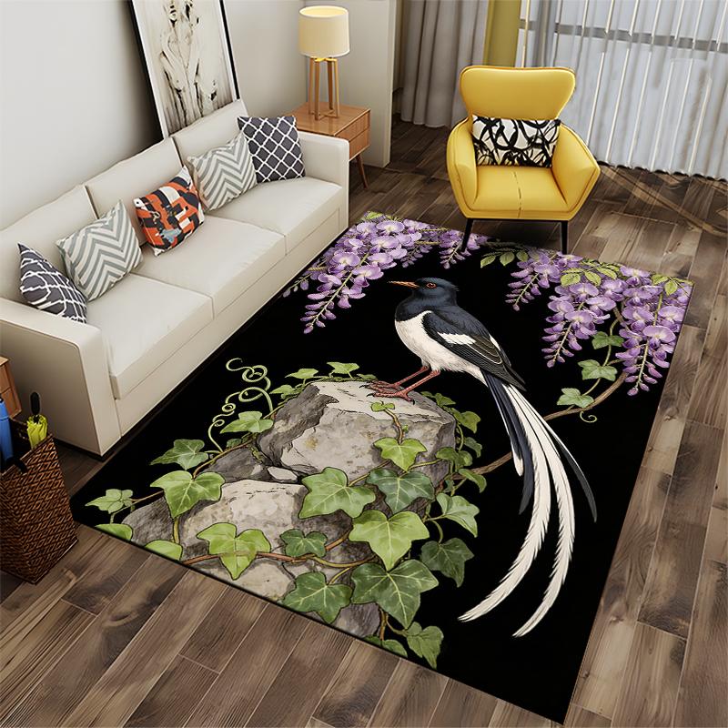 Bird and Floral Printed Carpet, Black Background, Home Decor Suitable for Use As an Anti-slip for Living Room Bedroom Sofas
