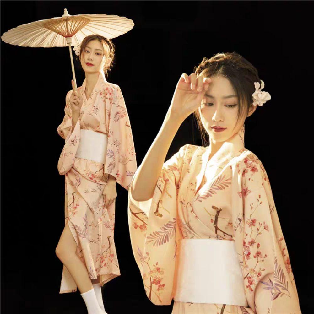 Printed Floral Sakura Girl Kimono Dress Elegance Japanese Style Yukata Bathrobe Party