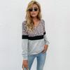 Leopard Print Patchwork Long Sleeved Top Women's V-neck Pullover Casual Hoodie Loose Simple Commut Bottoming Shirt Autumn
